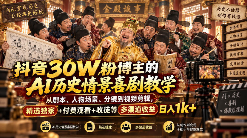 抖音30W粉博主的AI历史情景喜剧教学，从剧本、人物场景、分镜到视频剪辑，精选独家+付费观看+收徒等多渠道收益日入1k+网赚项目-副业赚钱-互联网创业-资源整合老八网赚资源