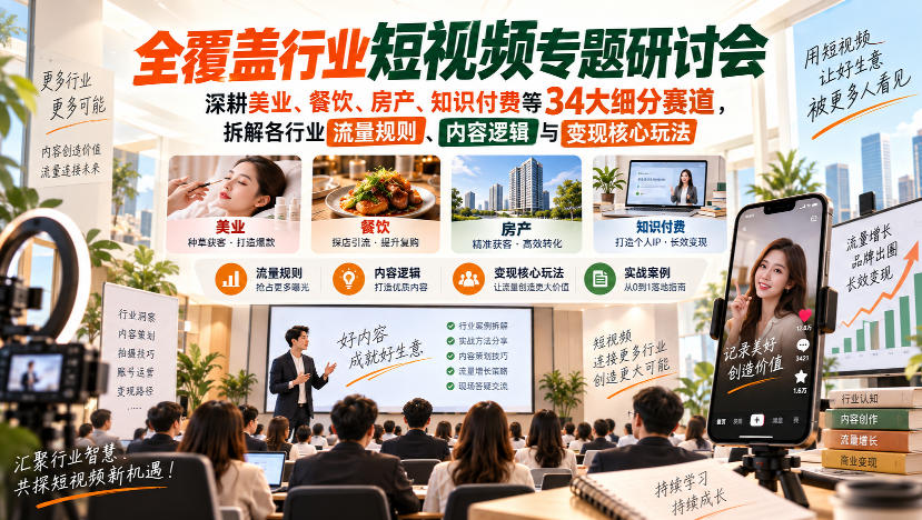 8ca0a267bab99df0ea55470b8f01864b.jpeg 短视频专题研讨会,深耕美业、餐饮、房产、知识付费等34大细分赛道,拆解各行业流量规则、内容逻辑与变现核心玩法