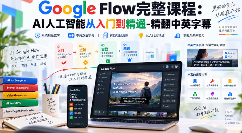 【无水印】Google Flow完整课程：AI人工智能从入门到精通-精翻中英字幕网赚项目-副业赚钱-互联网创业-资源整合老八网赚资源