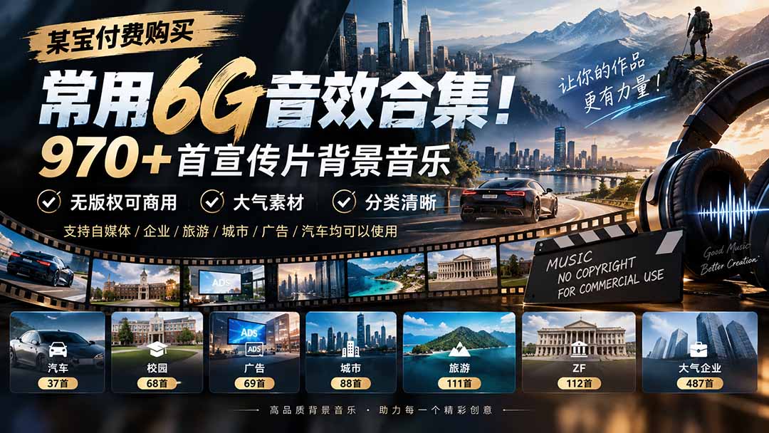 某宝付费购买，常用6G音效合集！970+首宣传片背景音乐，无版权可商用大气素材，分类清晰网赚项目-副业赚钱-互联网创业-资源整合老八网赚资源