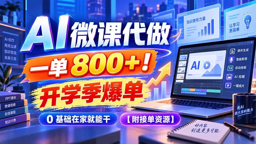 AI 微课代做，一单 800+！开学季爆单，0 基础在家就能干【附接单资源】网赚项目-副业赚钱-互联网创业-资源整合老八网赚资源