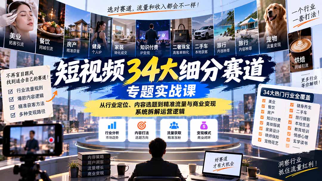 e8b761744e433b6dacbbfaf24e51c85c.jpeg 短视频34大细分赛道专题实战课:从行业定位、内容选题到精准流量与商业变现,系统拆解运营逻辑