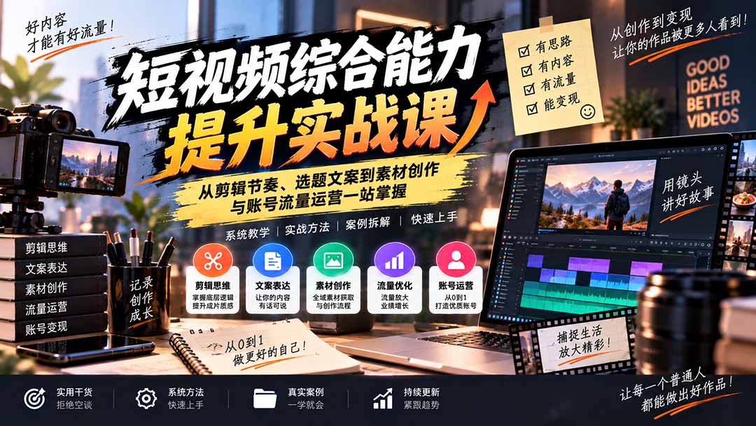短视频综合能力提升实战课：从剪辑节奏、选题文案到素材创作与账号流量运营一站掌握网赚项目-副业赚钱-互联网创业-资源整合老八网赚资源