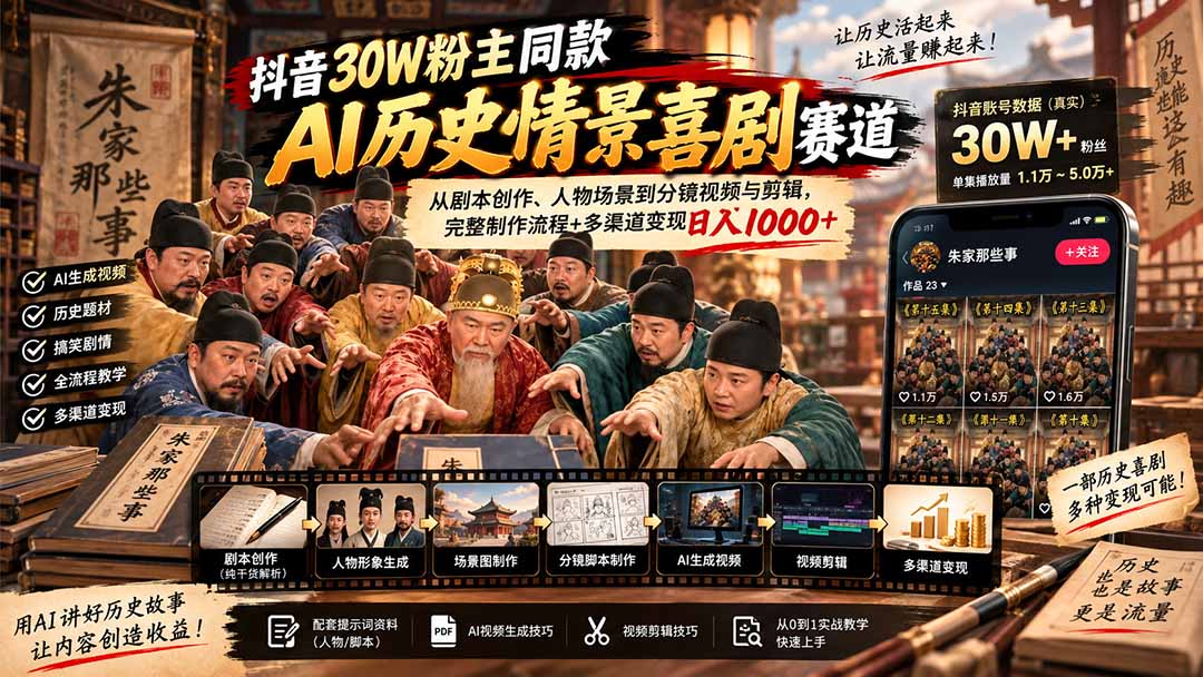 89140f7d770f3480381c17dbee790810.jpeg 抖音30W粉博主同款AI历史情景喜剧赛道:从剧本创作、人物场景到分镜视频与剪辑,完整制作流程+多渠道变现日入1000+