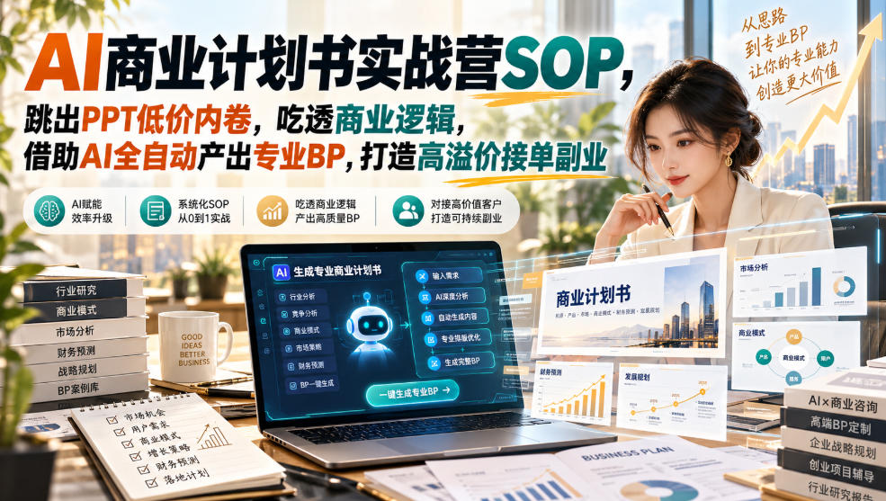 AI商业计划书实战营SOP,跳出PPT低价内卷,吃透商业逻辑,借助AI全自动产出专业BP,打造高溢价接单副业网赚项目-副业赚钱-互联网创业-资源整合老八网赚资源