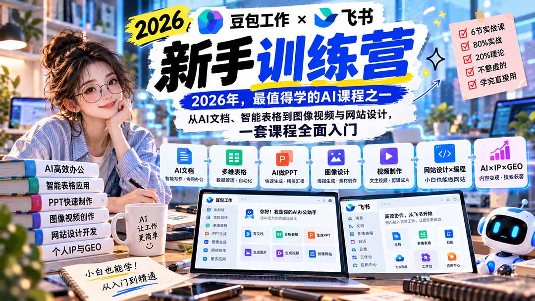 14fd25b6b2f1dbcfaf89e7227e0ab811.jpeg 2026豆包工作+飞书新手训练营-9月新课:从AI文档、智能表格到图像视频与网站设计,一套课程全面入门