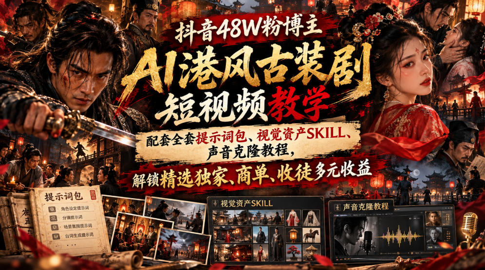 抖音48W粉博主AI港风古装剧短视频教学，配套全套提示词包、视觉资产SKILL、声音克隆教程，解锁精选独家、商单、收徒多元收益网赚项目-副业赚钱-互联网创业-资源整合老八网赚资源