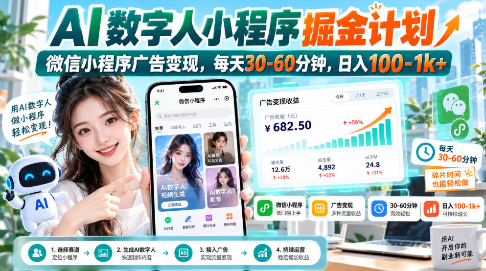 4702abe896c30fb50b389c96dc996bba.jpeg 【无水印】AI数字人小程序掘金计划,微信小程序广告变现,每天30‑60分钟,日入100‑1k+
