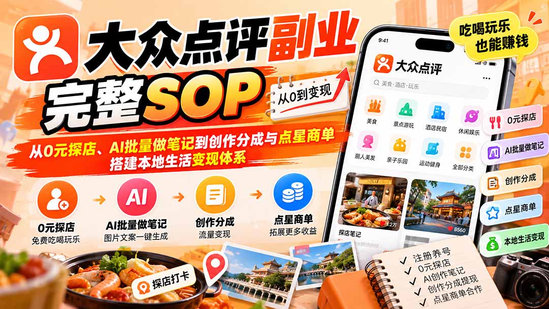 【无水印】大众点评副业完整SOP：从0元探店、AI批量做笔记到创作分成与点星商单，搭建本地生活变现体系网赚项目-副业赚钱-互联网创业-资源整合老八网赚资源