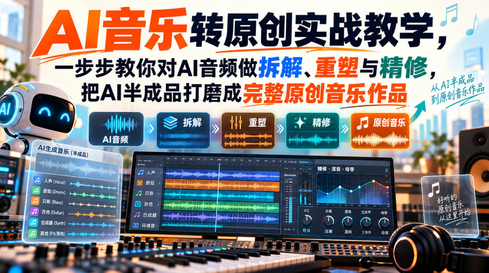 a2cd62bc43b7b9767a0c7202689b1017.jpeg AI音乐转原创实战教学,一步步教你对AI音频做拆解、重塑与精修,把AI半成品打磨成完整原创音乐作品