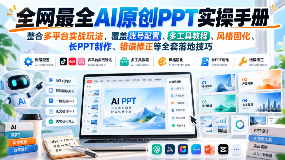 efb76809c95648ec06970652183ab599.jpeg 全网最全AI原创PPT实操手册,整合多平台实战玩法,覆盖账号配置、多工具教程、风格固化、长PPT制作、错误修正等全套落地技巧