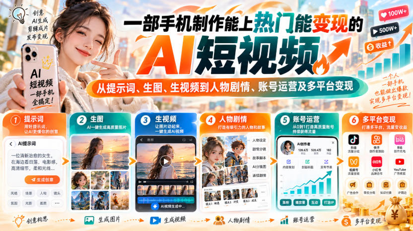 【无水印】一部手机制作能上热门能变现的AI短视频，从提示词、生图、生视频到人物剧情、账号运营及多平台变现网赚项目-副业赚钱-互联网创业-资源整合老八网赚资源