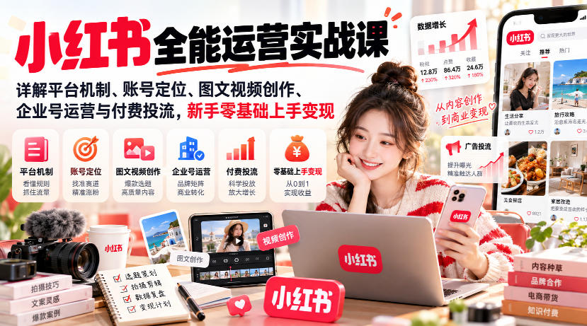 2228e7a27e11be7bb3209037f45770e9.jpeg 小红书全能运营实战课,详解平台机制、账号定位、图文视频创作、企业号运营与付费投流,新手零基础上手变现