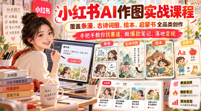 6ef4ad531a89c088688ec3918b6dbbf9.jpeg 小红书AI作图实战课程,覆盖条漫、古诗词图、绘本、启蒙书全品类创作,手把手教你找赛道、做爆款笔记、落地变现