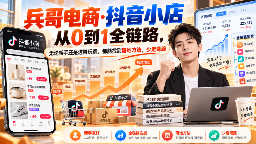 【无水印】兵哥电商·抖音小店从0到1全链路，无论新手还是进阶玩家，都能找到落地方法，少走弯路(更新9月)网赚项目-副业赚钱-互联网创业-资源整合老八网赚资源