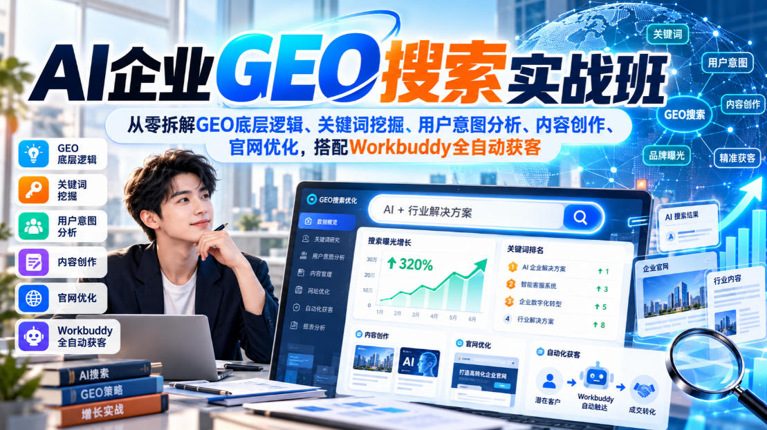 87800eafc7c97715bd2981f2b779785f.jpeg AI企业GEO搜索实战班,从零拆解GEO底层逻辑、关键词挖掘、用户意图分析、内容创作、官网优化,搭配Workbuddy全自动获客