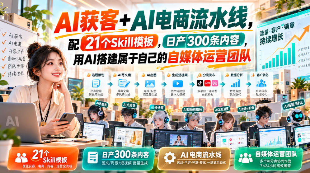 AI获客+AI电商流水线，配21个Skill模板，日产300条内容，用AI搭建属于自己的自媒体运营团队网赚项目-副业赚钱-互联网创业-资源整合老八网赚资源
