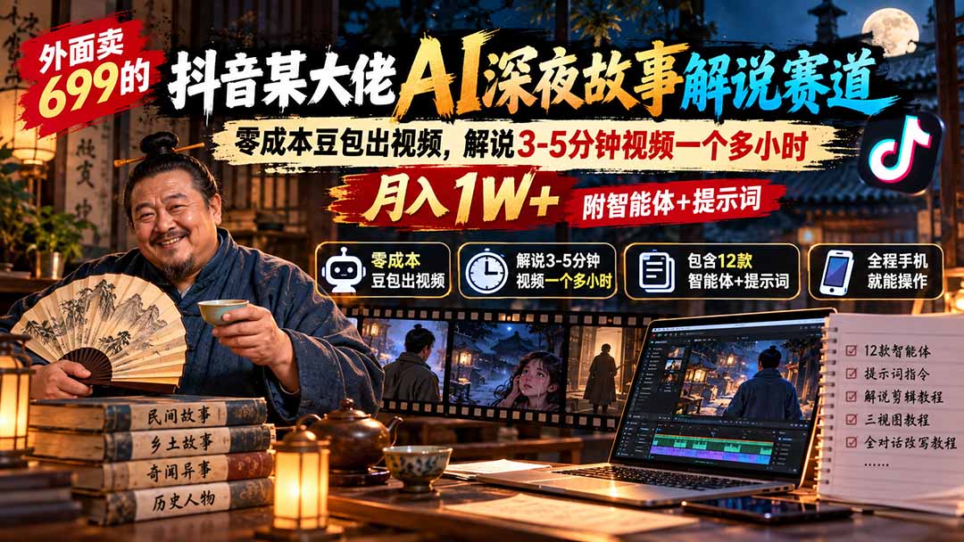 b970e5183a71b82d83c8067a81c979d3.jpeg 外面卖699的抖音某大佬AI深夜故事解说赛道:零成本豆包出视频,解说3-5分钟视频一个多小时,月入1W+附智能体+提示词