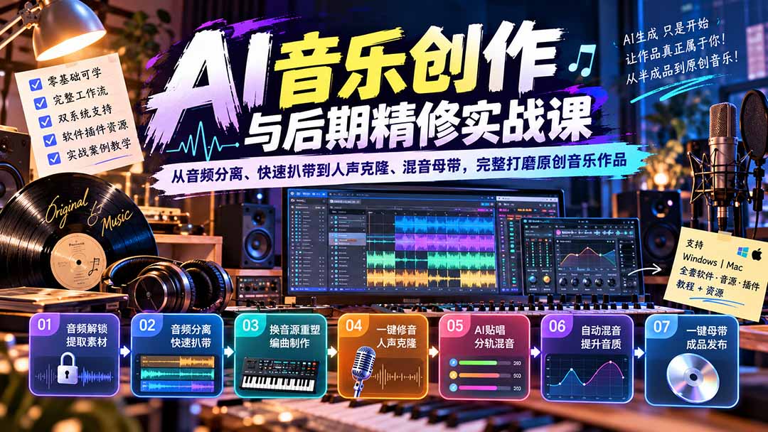 AI音乐创作与后期精修实战课：从音频分离、快速扒带到人声克隆、混音母带，完整打磨原创音乐作品网赚项目-副业赚钱-互联网创业-资源整合老八网赚资源