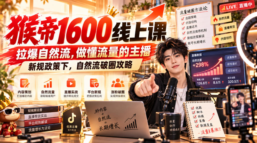 猴帝1600线上课，拉爆自然流，做懂流量的主播，新规政策下，自然流破圈攻略【更新260926】网赚项目-副业赚钱-互联网创业-资源整合老八网赚资源