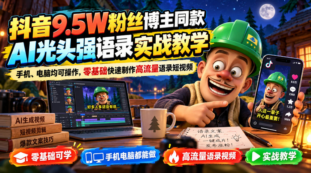 抖音9.5W粉丝博主同款AI光头强语录实战教学，手机、电脑均可操作，零基础快速制作高流量语录短视频网赚项目-副业赚钱-互联网创业-资源整合老八网赚资源