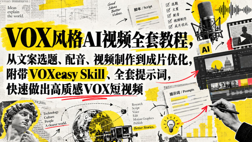 0035f26f98f3810a7e52ade3bf585adf.jpeg VOX风格AI视频全套教程,从文案选题、配音、视频制作到成片优化,附带VOXeasy Skill、全套提示词,快速做出高质感VOX短视频