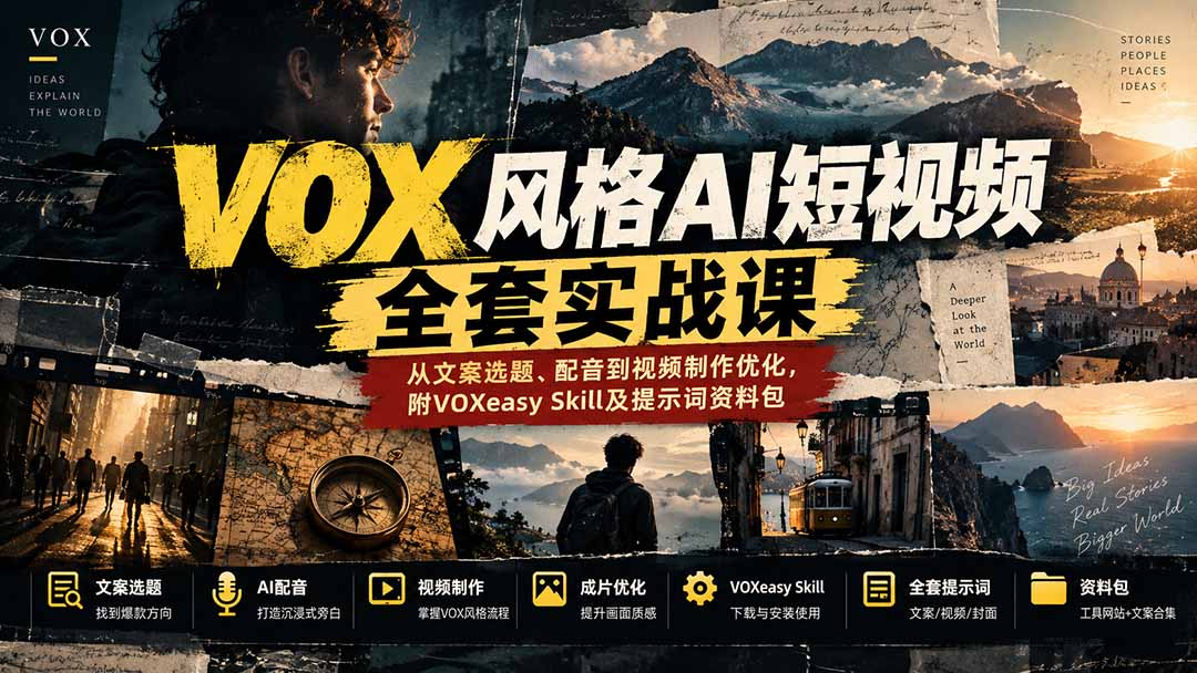 0ae2c0f8b0a2e9e943c2e1e6a8f3eb15.jpeg 【无水印】VOX风格AI短视频全套实战课:从文案选题、配音到视频制作优化,附VOXeasy Skill及提示词资料包