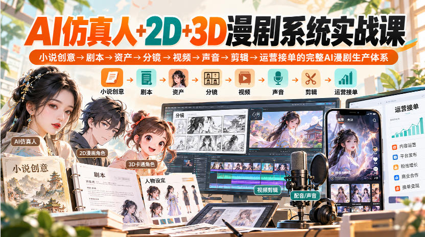 0f84f13fe924eb4d1d7104ab387fc88e.jpeg 【无水印】AI仿真人+2D+3D漫剧系统实战课,小说创意→剧本→资产→分镜→视频→声音→剪辑→运营接单的完整AI漫剧生产体系