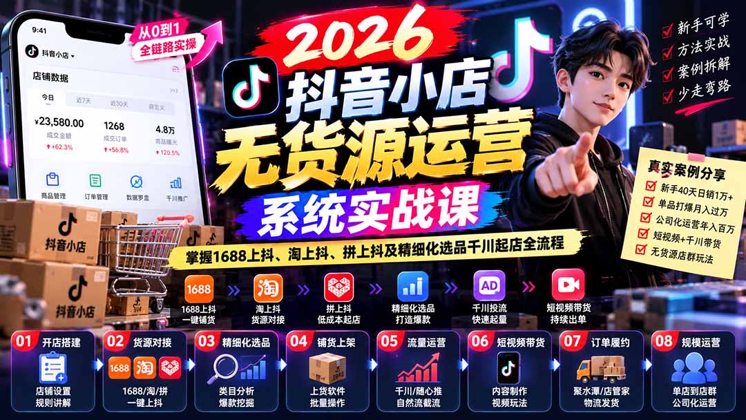 【无水印】2026抖音小店无货源运营系统实战课：掌握1688上抖、淘上抖、拼上抖及精细化选品千川起店全流程网赚项目-副业赚钱-互联网创业-资源整合老八网赚资源