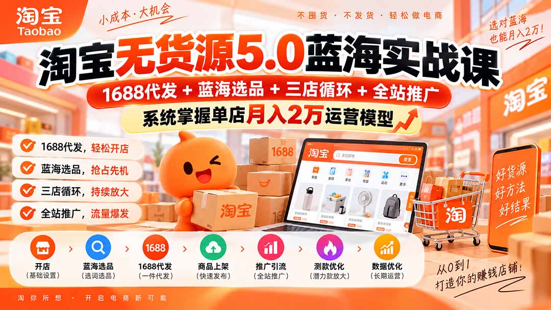 淘宝无货源5.0蓝海实战课-更新0927：1688代发+蓝海选品+三店循环+全站推广，系统掌握单店月入2万运营模型网赚项目-副业赚钱-互联网创业-资源整合老八网赚资源