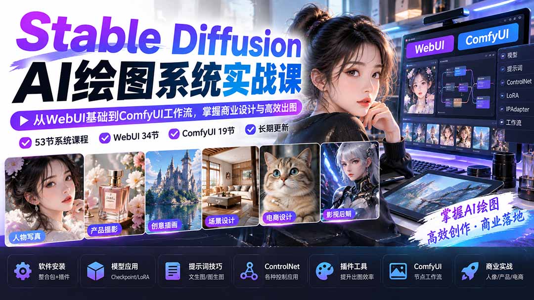 【无水印】Stable Diffusion AI绘图系统实战课：从WebUI基础到ComfyUI工作流，掌握商业设计与高效出图网赚项目-副业赚钱-互联网创业-资源整合老八网赚资源