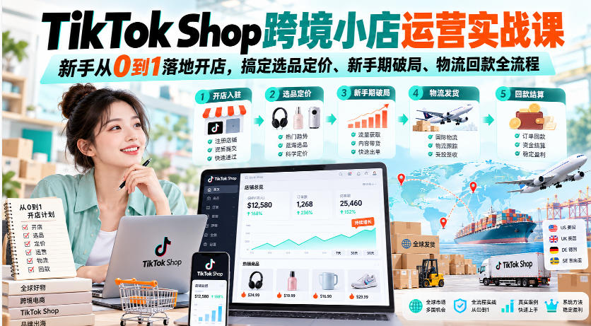 39fcbd80b5603e7cc08aef33deb5f146.jpeg TikTok Shop跨境小店运营实战课,新手从0到1落地开店,搞定选品定价、新手期破局、物流回款全流程