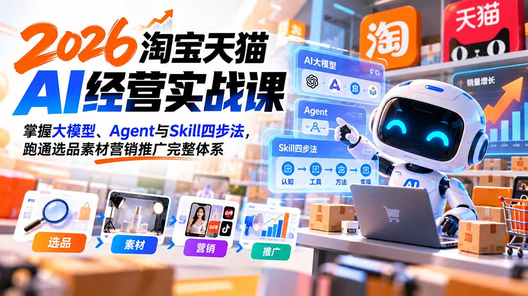 590175a68a81fba8a4e592a7bbec2959.jpeg 【无水印】2026淘宝天猫AI经营实战课:掌握大模型、Agent与Skill四步法,跑通选品素材营销推广完整体系