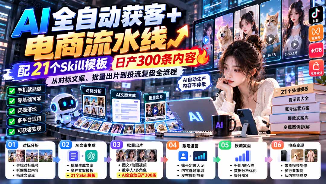 【无水印】AI全自动获客+电商流水线:配21个Skill模板,日产300条内容,从对标文案、批量出片到投流复盘全流程网赚项目-副业赚钱-互联网创业-资源整合老八网赚资源