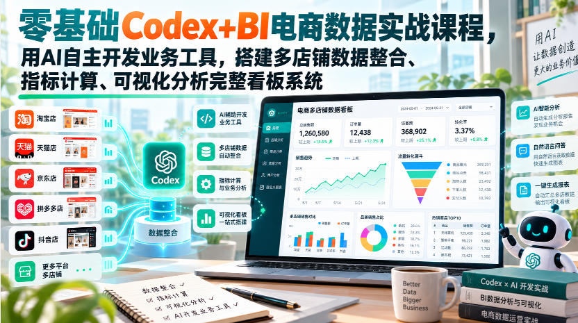 78cf3b4749030ba36765cf06eb14dc6e.jpeg 零基础Codex+BI电商数据实战课程,用AI自主开发业务工具,搭建多店铺数据整合、指标计算、可视化分析完整看板系统