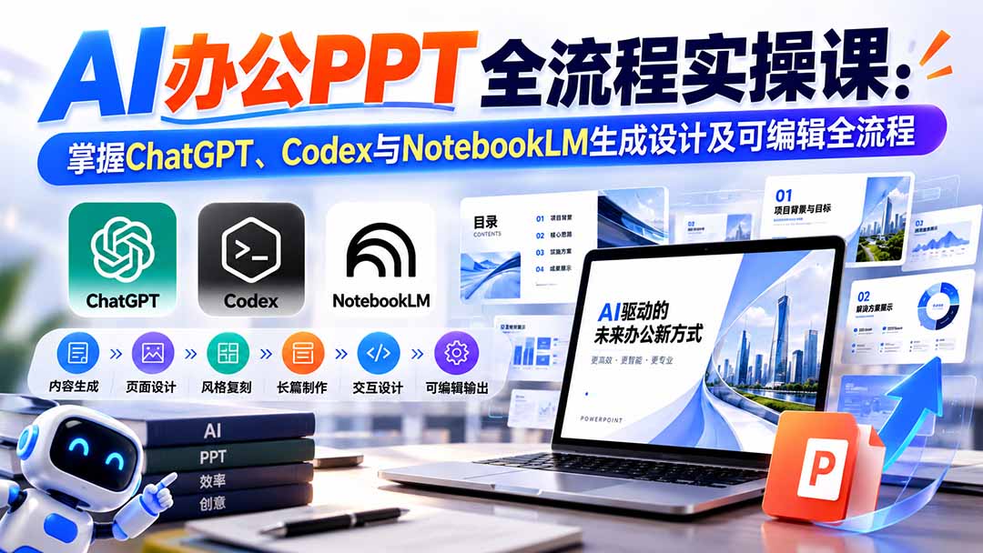 【无水印】AI办公PPT全流程实操课： 掌握ChatGPT、Codex与NotebookLM生成设计及可编辑全流程网赚项目-副业赚钱-互联网创业-资源整合老八网赚资源
