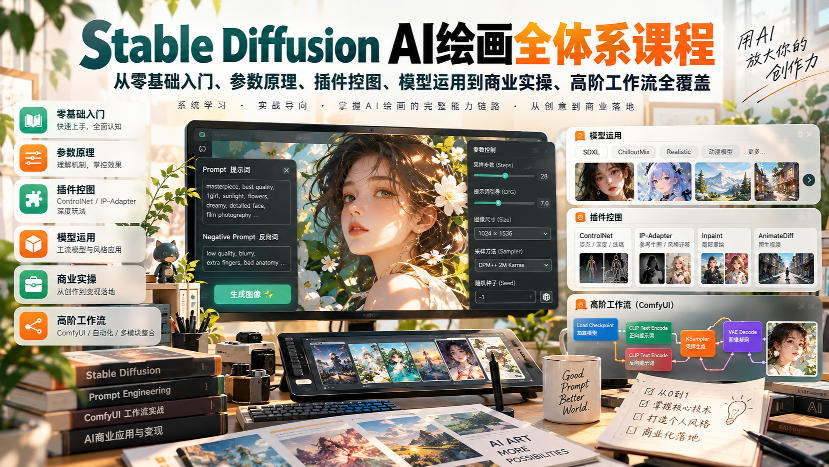 9c934382ff3024d419f946e8d85d7f97.jpeg 【无水印】Stable Diffusion AI绘画全体系课程,从零基础入门、参数原理、插件控图、模型运用到商业实操、高阶工作流全覆盖