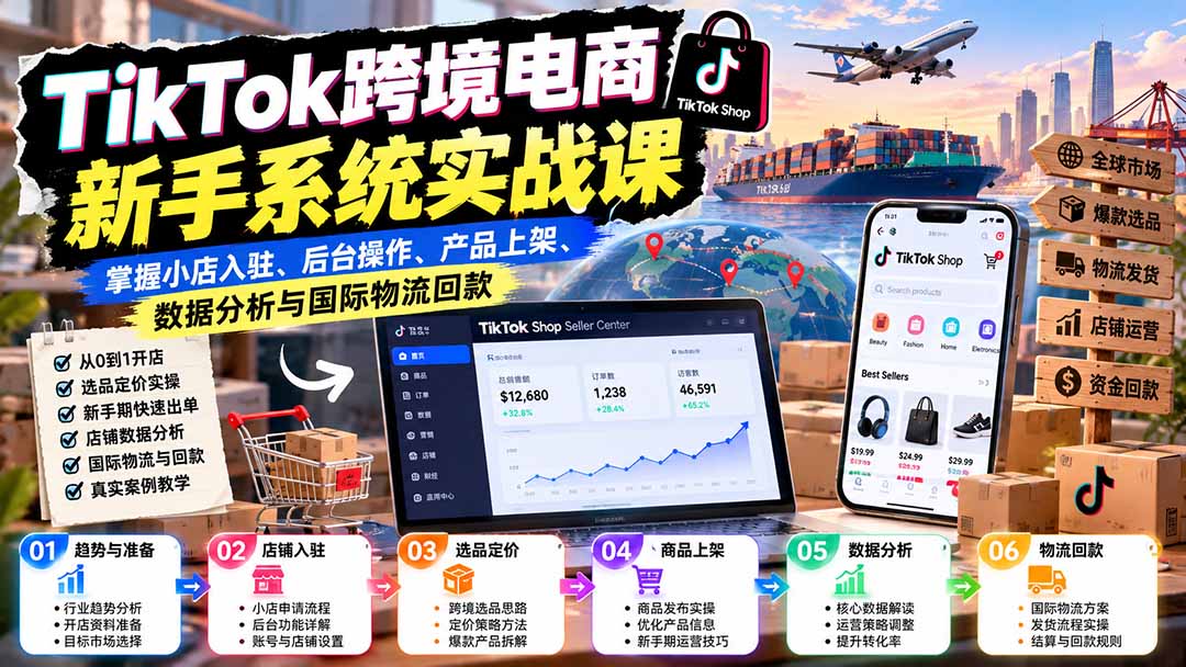 TikTok跨境电商新手系统实战课：掌握小店入驻、后台操作、产品上架、数据分析与国际物流回款网赚项目-副业赚钱-互联网创业-资源整合老八网赚资源