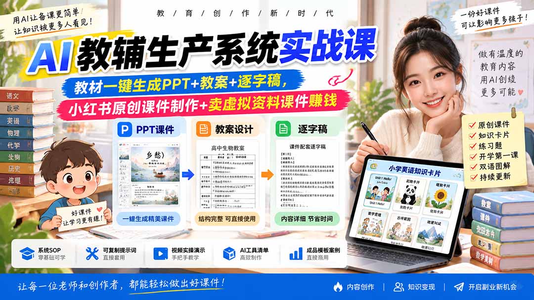AI教辅生产系统实战课-更新0926｜教材一键生成PPT+教案+逐字稿，小红书原创课件制作+卖虚拟资料课件赚钱