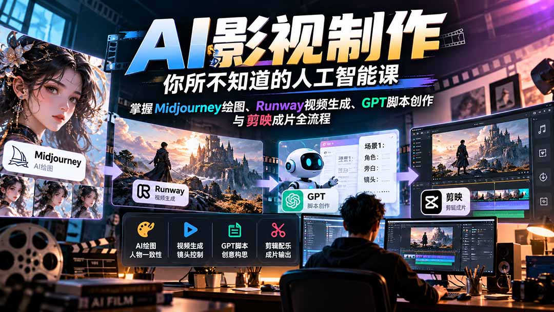 ac77f29fc443ce2af30b03ae6f47c23e.jpeg 【无水印】AI影视制作-你所不知道的人工智能课,掌握Midjourney绘图、Runway视频生成、GPT脚本创作与剪映成片全流程