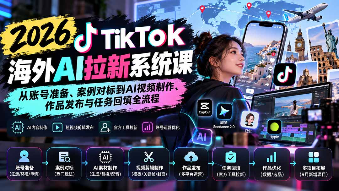 【无水印】2026 TikTok海外AI拉新系统课：从账号准备、案例对标到AI视频制作、作品发布与任务回填全流程网赚项目-副业赚钱-互联网创业-资源整合老八网赚资源