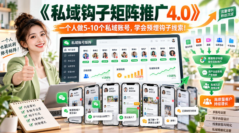 bc7db167d04260de15e47b312d8a8f5a.jpeg 【无水印】《私域钩子矩阵推广4.0》一个人做5-10个私域账号,学会预埋钩子线索!