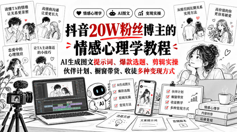 c2d10323bd31262cfb4d277c061e9d74.jpeg 抖音20W粉丝博主静候心声的情感心理学教程,AI生成图文提示词、爆款选题、剪辑实操,伙伴计划、橱窗带货、收徒多种变现方式