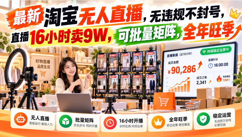 最新淘宝无人直播，无违规不封号，直播16小时卖9W，可批量矩阵，全年旺季【揭秘】网赚项目-副业赚钱-互联网创业-资源整合老八网赚资源