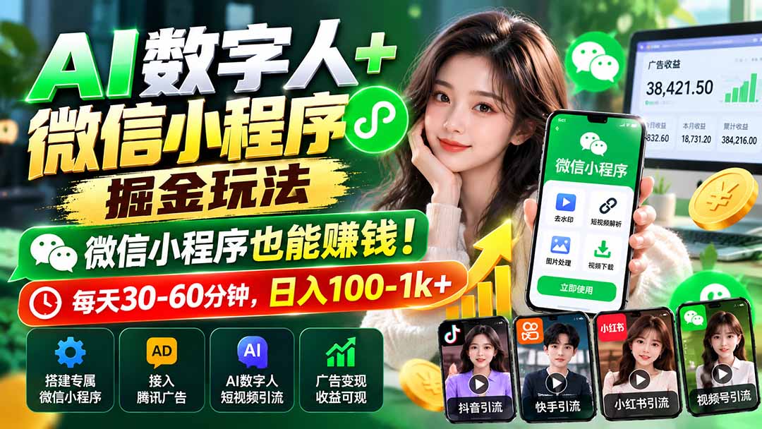 AI数字人+微信小程序掘金玩法：微信小程序也能赚钱！每天30-60分钟，日入100-1k+网赚项目-副业赚钱-互联网创业-资源整合老八网赚资源
