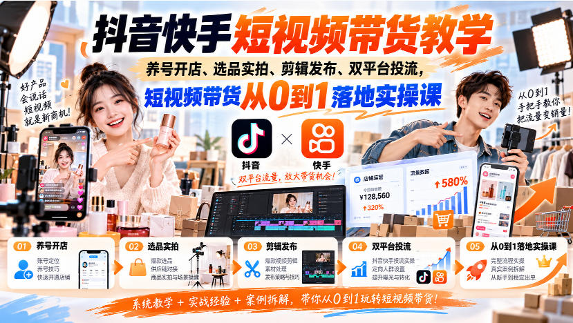 抖音快手短视频带货教学｜养号开店、选品实拍、剪辑发布、双平台投流，短视频带货从0到1落地实操课网赚项目-副业赚钱-互联网创业-资源整合老八网赚资源