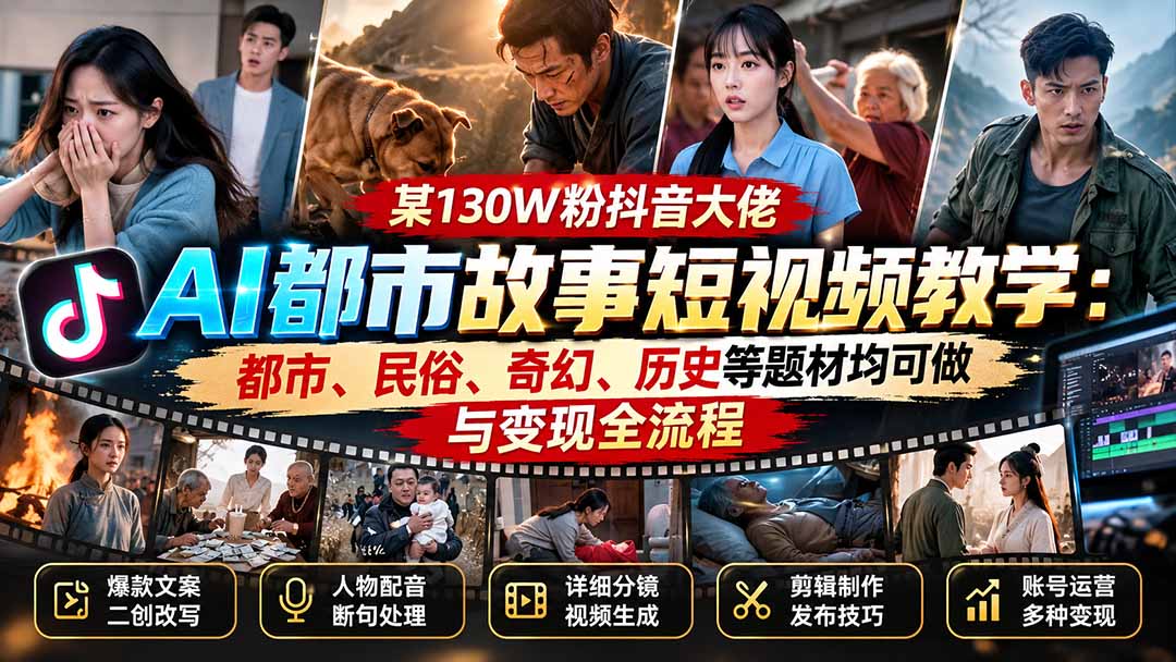 某130W粉抖音大佬AI都市故事短视频教学：都市、民俗、奇幻、历史等题材均可做与变现全流程网赚项目-副业赚钱-互联网创业-资源整合老八网赚资源