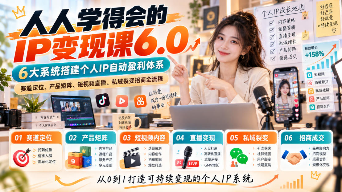 人人学得会的IP变现课6.0，6大系统搭建个人IP自动盈利体系，赛道定位、产品矩阵、短视频直播、私域裂变招商全流程网赚项目-副业赚钱-互联网创业-资源整合老八网赚资源
