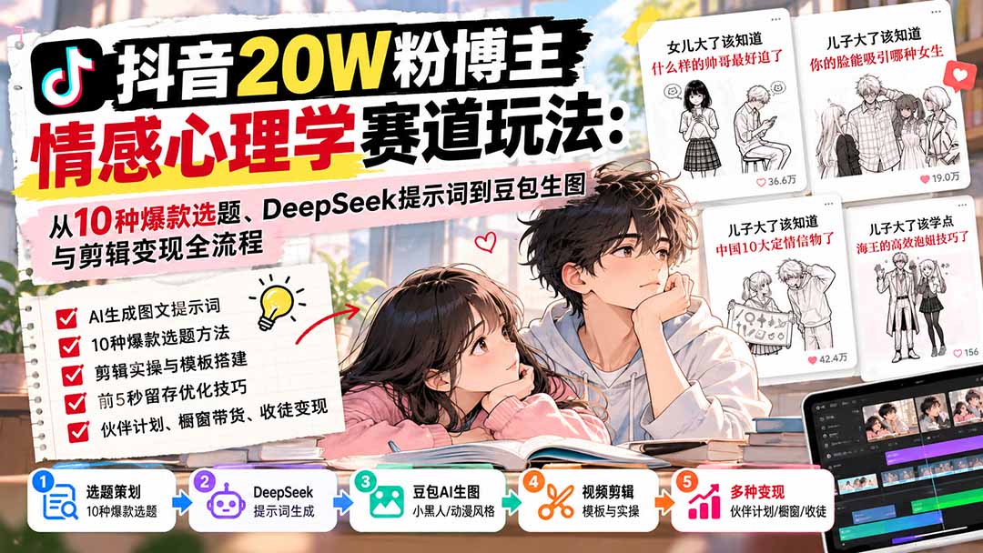 52937f9a799b6b3f86114d88f8d3a58d.jpeg 抖音20W粉博主-情感心理学赛道玩法:从10种爆款选题、DeepSeek提示词到豆包生图与剪辑变现全流程