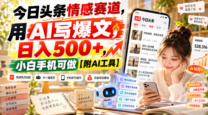 今日头条情感赛道，用AI写爆文，日入500+，小白手机可做【附AI工具】网赚项目-副业赚钱-互联网创业-资源整合老八网赚资源
